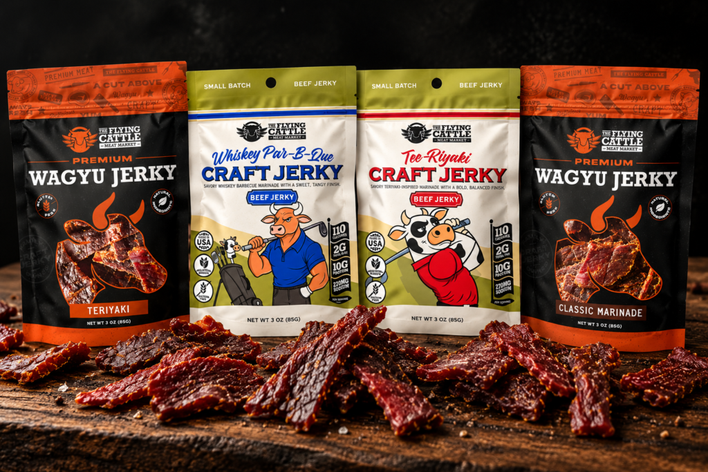 Line up of premium craft jerky from Flying Cattle